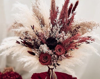 Red preserved roses Boho bridal bouquet, Dried flower arrangement, Boho bridesmaid bouquet, Fall bridal bouquet, Corsages