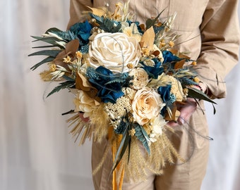 Golden Ocean Breeze Bouquet Wedding, Dusty Blue Vintage Bouquet Boho Dried Flower Bouquet Boho Bridesmaid Bouquet