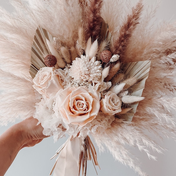 Tender beige roses bouquet for Boho chic wedding, Beige boho wedding bouquet, Dried flowers bridal bouquet, Dry flower bouquet