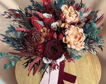 Burgundy and Greenery Wedding Bouquet, Dark Romantic Bridal Bouquet, Unique Dried Flower Fall Wedding Bouquet, Marsala Boho Bridal Flowers