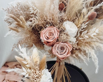 Boho bridal bouquet, Pampas grass dried arrangement, Preserved roses, Boho bridesmaid bouquet, Wedding Bouquets and Corsages