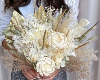 Boho Wedding bouquet White romantic and Sage Green Bridesmaid bouquet with Palm Leaves Bouquet Rustic Wedding bouquet Dried bridal bouquet