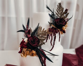 Boho Cake Topper of Preserved Roses, Marsala Cake Topper for Wedding, Rustic Wedding Cake Topper, Wedding Cake Decor, Burgundy Dried Flowers
