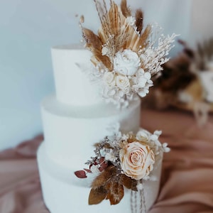 Topper per torta nuziale Boho, Topper per torta nuziale Pampas avorio, Topper per torta con fiori secchi naturali, Ortensia bianca e rose