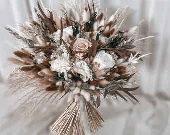 Boho Trockenblumen-Brautstrauß, neutraler Hochzeitsstrauß mit konservierten Rosen und Bunny Tails, individueller natürlicher Brautstrauß