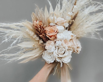 Neutraler Pampas Brautstrauß, Elfenbein getrocknete Blume Hochzeitsstrauß, Boho Rustikale Brautblumen, individuelles Hochzeitsarrangement