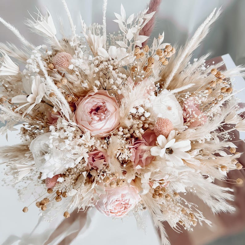 Soft pink wedding bouquet, Bridal rustic bouquet, Peony Bouquet, Boho wedding, Preserved roses, Bridesmaid bouquet, Dried flower bouquet image 6