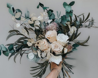 Preserved wedding bouquet, Dried flower bouquet, Roses and eucalyptus bridal bouquet, Wedding bunch, Everlasting dried floral arrangement