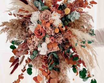 Roses and eucaliptus Cascade bouquet, Boho wedding bouquet, XL Bridal cascading bouquet, Terracota Wedding Bouquet, Bridal bouquet boho