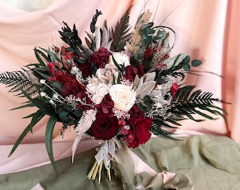 Moody Burgundy Fall Bridal Bouquet, Wine Red Preserved Rose Wedding Flowers, Dark Romantic Dried Flower Bouquet, Custom Floral Arrangements