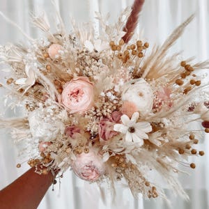 Soft pink wedding bouquet, Bridal rustic bouquet, Peony Bouquet, Boho wedding, Preserved roses, Bridesmaid bouquet, Dried flower bouquet image 3