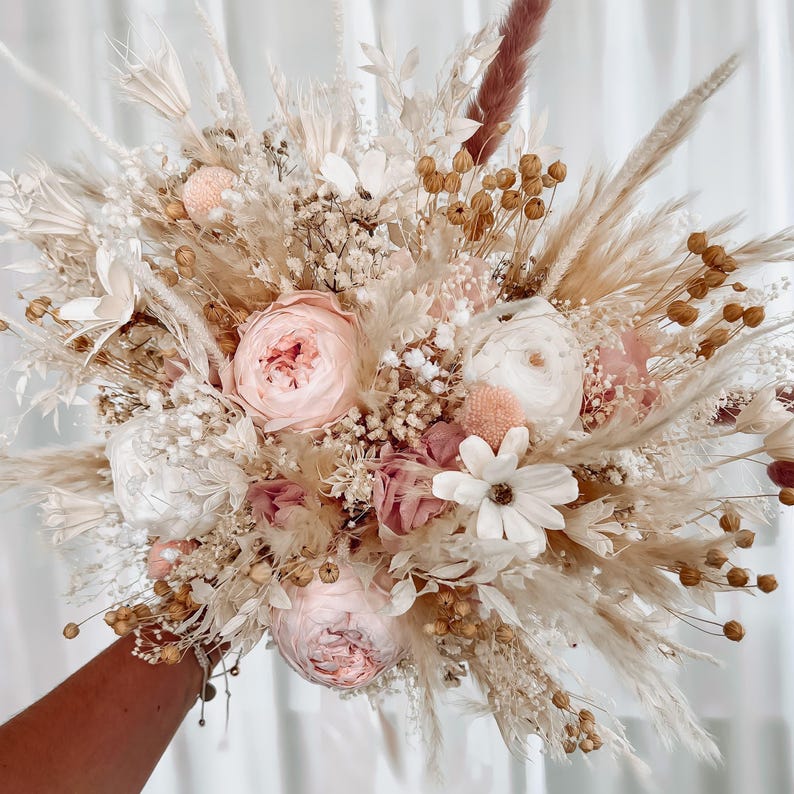 Soft pink wedding bouquet, Bridal rustic bouquet, Peony Bouquet, Boho wedding, Preserved roses, Bridesmaid bouquet, Dried flower bouquet image 3