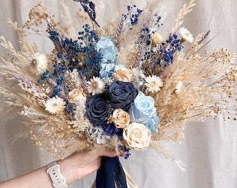 Dried Flower Bridal Roses Bouquet, Navy Dusty Blue Bride Flowers, Boho Wedding Floral Arrangement