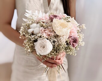 Hydrangea and roses boho wedding bouquet, tender roses bouquet, cute natural boho wedding bouquet, dried bunch, bridal preserved floral set