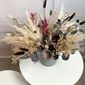Burgundy dried flower arrangement, preserved wedding bouquet with pampas and eucalyptus, rustic bridal centerpiece for ceremony or reception