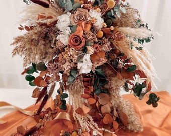 Cascading bouquet with dry flowers, Boho wedding bouquet, Preserved roses bouquet, Terracota Wedding Bouquet, Bridal bouquet boho, Cascading
