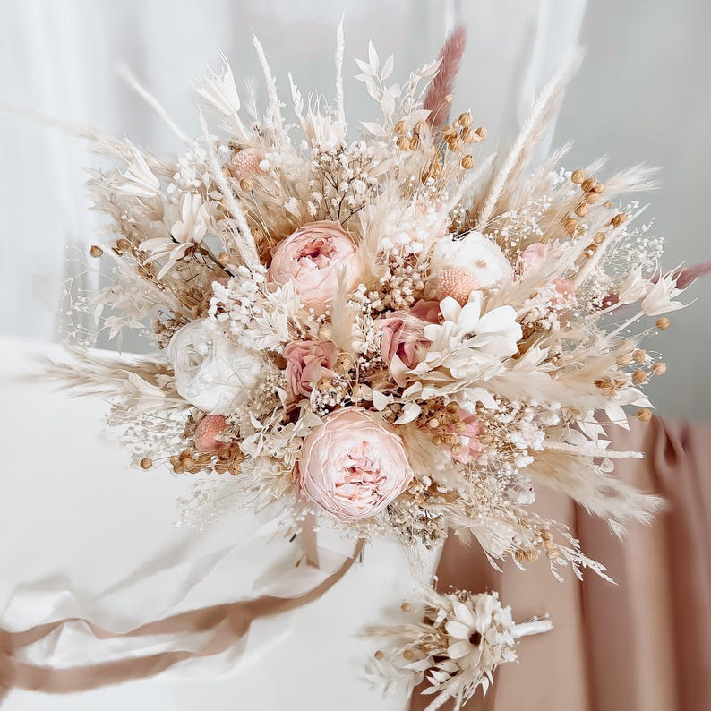 Soft pink wedding bouquet, Bridal rustic bouquet, Peony Bouquet, Boho wedding, Preserved roses, Bridesmaid bouquet, Dried flower bouquet image 1