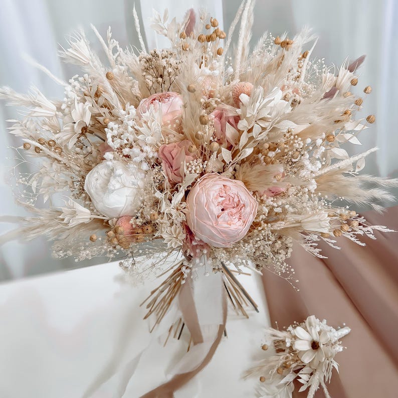 Soft pink wedding bouquet, Bridal rustic bouquet, Peony Bouquet, Boho wedding, Preserved roses, Bridesmaid bouquet, Dried flower bouquet image 2