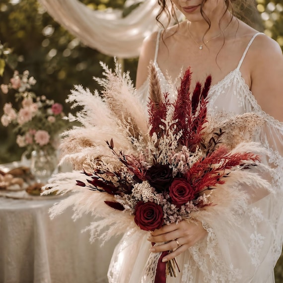 Moody Burgundy Bridal Bouquet, Natural Pampas Wedding Flowers, Romantic Vineyard Ceremony Bouquet, Boho Fall Wedding Arrangement