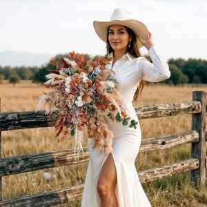 Cascade Wedding Bouquet, Boho Bridal Bouquet, Terracota Burnt Orange Greenery Fall Dried Flowers Bouquet, Bridesmaid Bouquets, Accessories