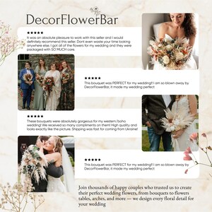 The image is a collage of several photos featuring a bride and groom, along with descriptions of the floral arrangements. The photos showcase the beautiful bouquets and the overall design of the wedding decorations.