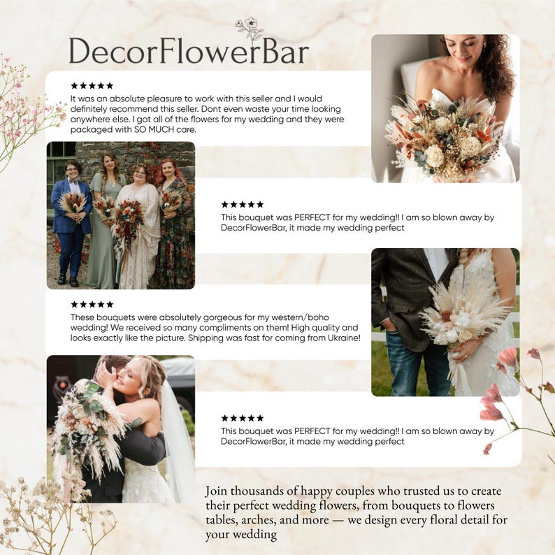 The image is a collage of several photos featuring a bride and groom, along with descriptions of the floral arrangements. The photos showcase the beautiful bouquets and the overall design of the wedding decorations.