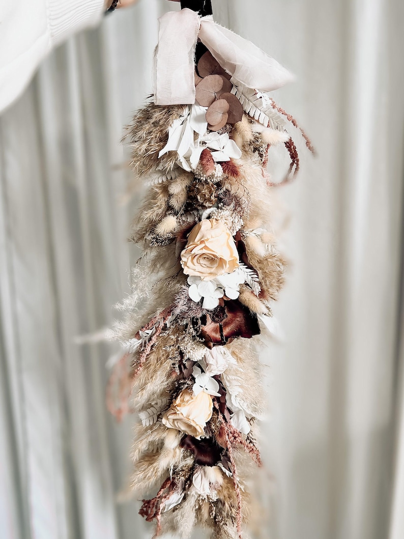 Burgundy Beige Dried Flower Garland, Fall Boho Wedding Arch Decor, Pampas Sweetheart Table Floral Runner image 2