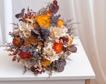 Rustic Dried Wildflower Bridal Bouquet, Neutral and Orange Wedding Arrangments Decor, Matching bouquets for Bride and Bridesmaids
