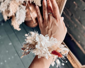 Handgelenk Corsage Hochzeit Beige Boho, benutzerdefinierte Brautjungfer Corsagen Set, getrocknete Blumen, neutrale Hochzeit Corsage, konservierte Blumen Handgelenk Corsage