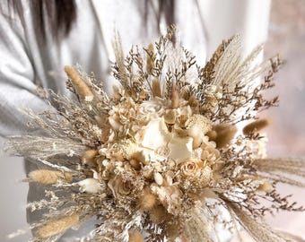 Champagne Fall Wedding Bouquet, Neutral Dried Bridal Bouquet, Preserved Rose Bouquet, Autumn Bride Flowers