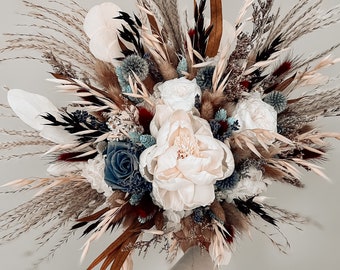 Boho wedding bouquet with preserved navy blue roses, Floral boutonieres, Forever bouquet, Rustic custom bridal bouquet, Dried flower bouquet