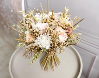 Rustic dried flower bridal bouquet with blush roses, beige florals boho wedding bouquet for bride or bridesmaids, natural floral decor gift