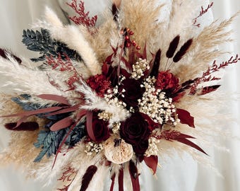 Burgundy Roses Bridal Bouquet, Beige Pampas Wedding Bouquet, Boho Dried Flowers, Wedding Floral Accessories and Arrangements