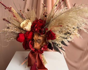 Burgundy Bridal Bouquet with Protea, Boho Pampas Wedding Bouquet, Fall Dried Flower Bouquet, Rustic Burgundy Bouquet for Wedding