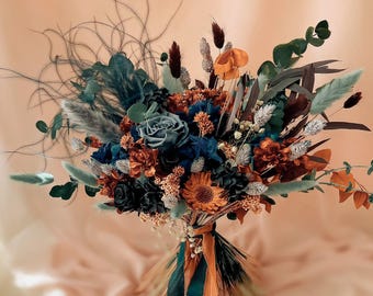 Moody wedding bouquet, Bridal bouquet with Feathers, Greenery and navy blue bouquet, Boho dried flowers bouquet, Burnt orange wildflowers