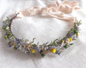 Wildflower Wedding Flower Crown, Dried Lavender Bridal Headpiece, Meadow Bridal Hair Wreath, Rustic Flower Crown, Wedding Hair Accessories