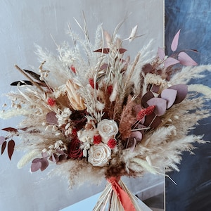 Bouquet for Bride, Dried Flowers Bouquet, Wedding Bouquet, Bridal Bouquet, Burgundy and Ivory Roses, Boho Dried Pampas and Wildflowers Bunch