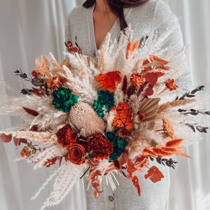 Orange-Brautstrauß, Wildblumen-Brautstrauß, Konservierter Pampasstrauß, Trockenblumen, Brautjungferstrauß und Accessoires