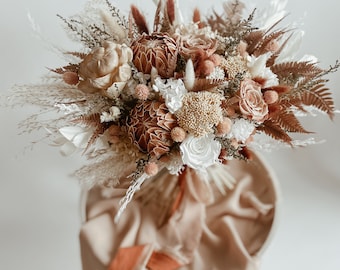 Bridal bouquet with terracotta and pink flowers, Boho Wedding, Dry flower bouquet, Rustic Boho Wedding Decor, Preserved spring blush bouquet