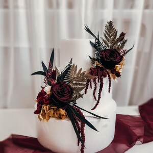 Burgundy Wedding Cake Flowers, Boho Floral Cake Topper, Preserved Rose Cake Decor, Gothic Wedding Cake Topper, Wine Red Wedding Flowers image 3