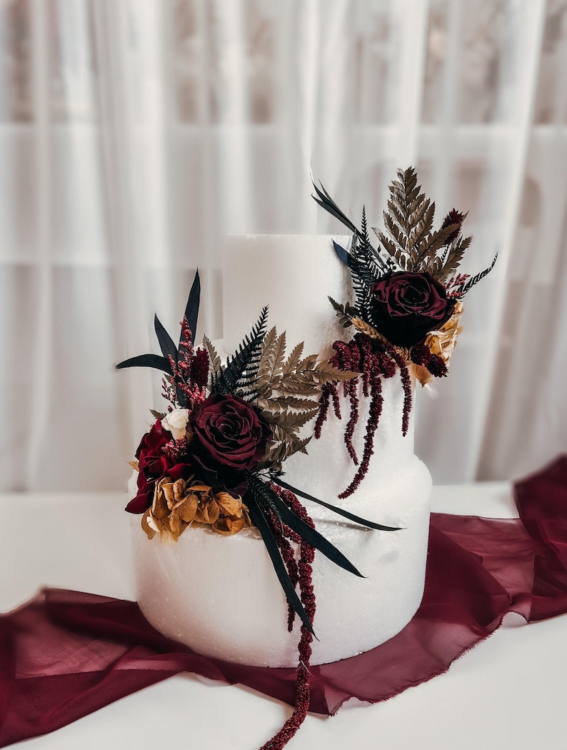 Burgundy Wedding Cake Flowers, Boho Floral Cake Topper, Preserved Rose Cake Decor, Gothic Wedding Cake Topper, Wine Red Wedding Flowers image 3