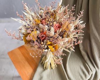 Rustic wildflowers bridal bouquet, terracotta burnt orange dried flowers bouquet, bridesmaids bouquets, boho spring wedding bouquet