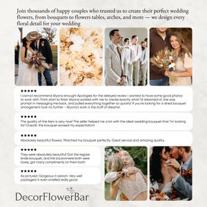 The image is a collage of several photos featuring happy couples and their wedding arrangements. The photos showcase various floral details and arrangements, such as bouquets, flowers, and tables. The couple in the photos appears to be enjoying their wedding day, and the overall sentiment of the image is positive and celebratory.
