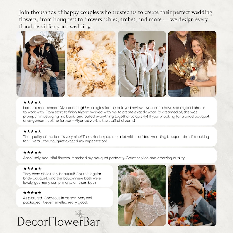 The image is a collage of several photos featuring happy couples and their wedding arrangements. The photos showcase various floral details and arrangements, such as bouquets, flowers, and tables. The couple in the photos appears to be enjoying their wedding day, and the overall sentiment of the image is positive and celebratory.