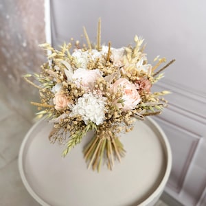 Rustic dried flower bridal bouquet with blush roses, beige florals boho wedding bouquet for bride or bridesmaids, natural floral decor gift