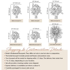 a collection of images depicting various sizes of bridal bouquets, including a bride and bridesmaid bouquet, a bridal bouquet, and a cascading bouquet. The images show the different sizes and styles of these floral arrangements, providing a visual representation of the available options for customers.