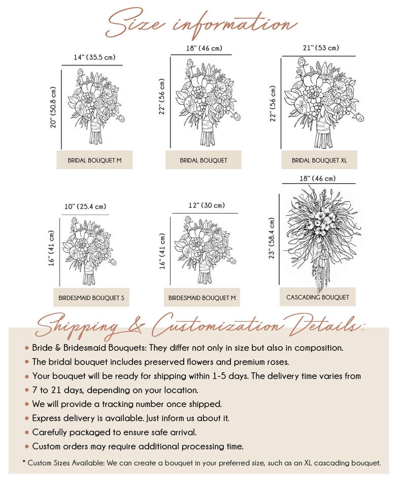 a collection of images depicting various sizes of bridal bouquets, including a bride and bridesmaid bouquet, a bridal bouquet, and a cascading bouquet. The images show the different sizes and styles of these floral arrangements, providing a visual representation of the available options for customers.