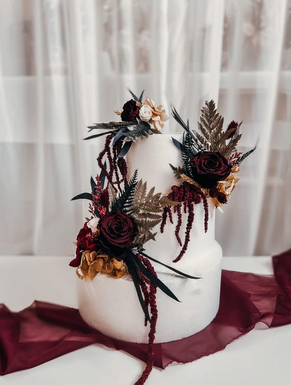 Burgundy Wedding Cake Flowers, Boho Floral Cake Topper, Preserved Rose Cake Decor, Gothic Wedding Cake Topper, Wine Red Wedding Flowers