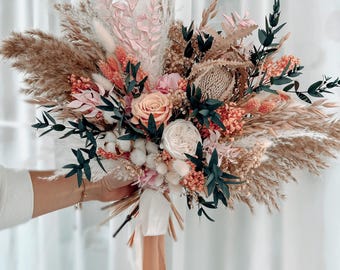 Boho getrocknete Wildblumen Hochzeitsstrauß, rustikaler Brautstrauß für Braut und Brautjungfern, zarte Hochzeitsblumen