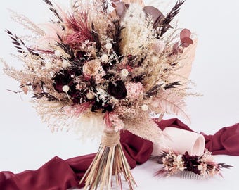 Bridal Bouquet for Fall Wedding, Burgundy Pampas Bouquet, Matching Dried Flower Bouquet for Bride Bridesmaids, Wine Red Neutral Bouquets Set